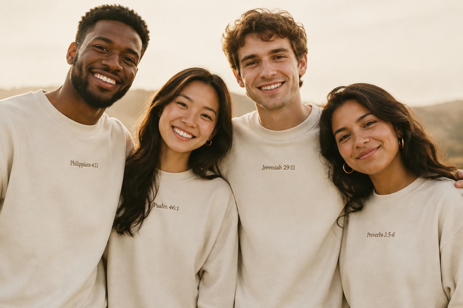 Group of men and women wearing cream scripture sweaters